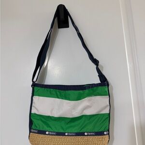 Lesportsac Green White and Navy Striped Messenger Bag